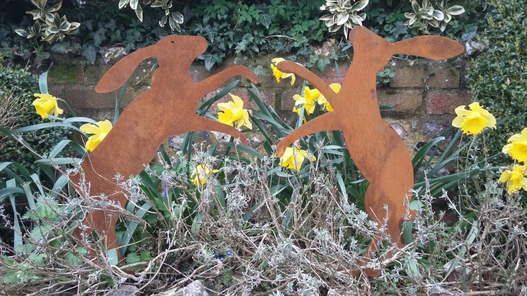 Pair of Rusted Boxing Hares Garden Decor